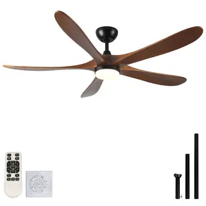 62 Inch Round Modern Ceiling Fan with Dimmable 3 Color LED Light, Antique Brown Solid Tung Wood 5-Blade Design, Quiet DC Pure Copper Motor, Reversible 6 Speed Remote Control, Energy Saving Low Noise Indoor Outdoor Space Saving Ceiling Mount Fan