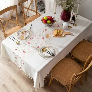 Rectangular Tablecloth with Embroidery Floral Pattern, Wrinkle Resistant Farmhouse Style, 55x120 Inch, Ideal for Parties and Holidays