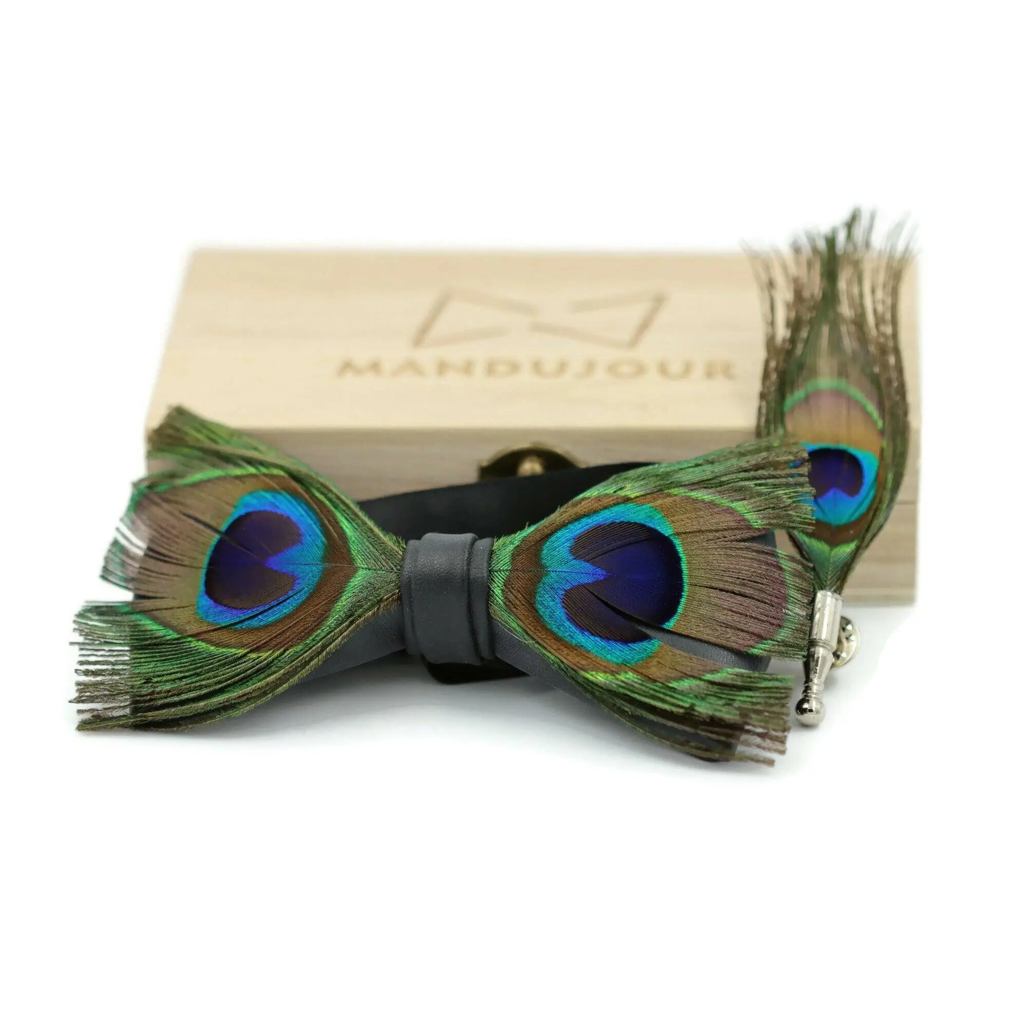 Indian peafowl Feather Bow Tie & Lapel pin set - Mandujour Handmade bow ties