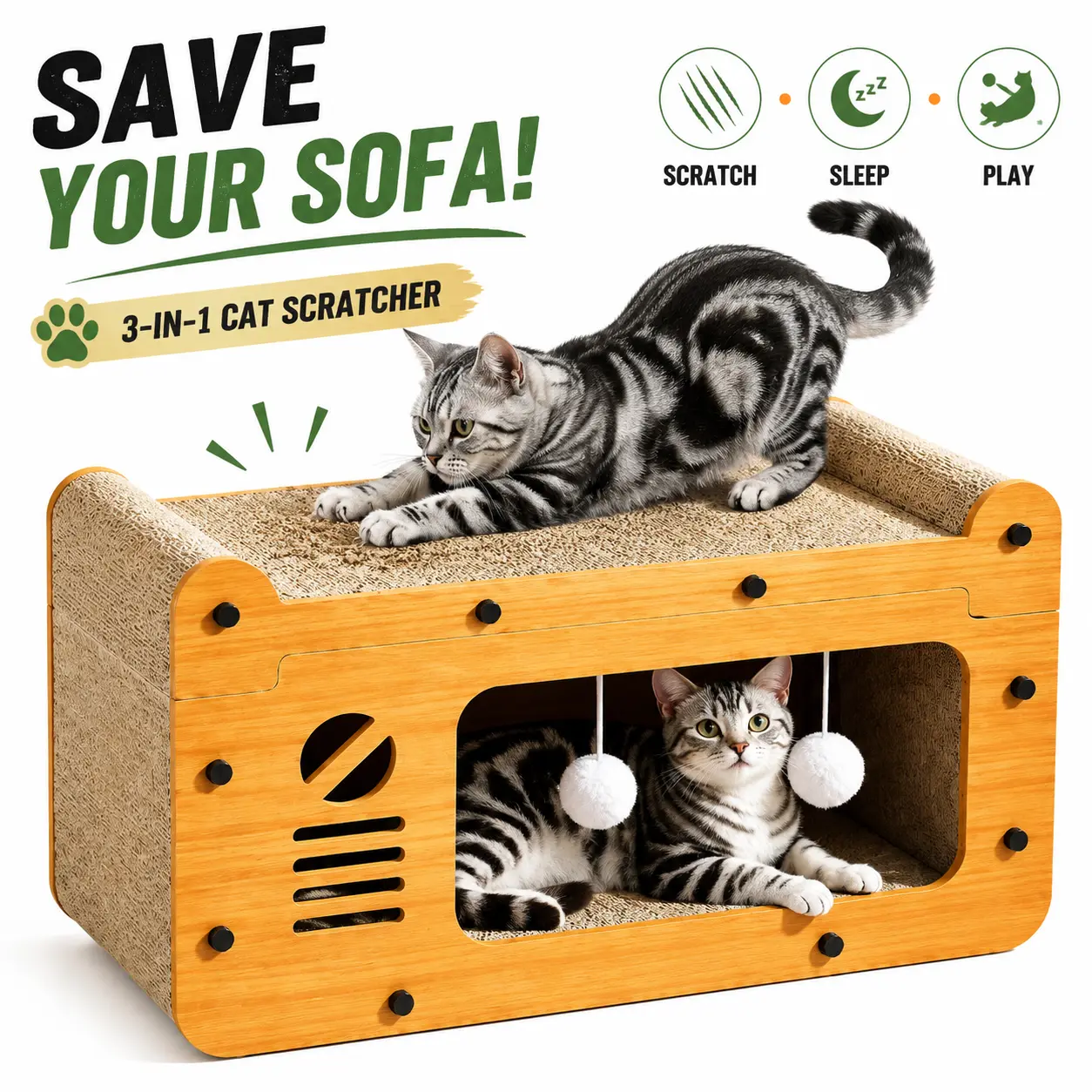 3-in-1 Cat Scratch Board & Cat House, Board Pet Furniture & Wooden Bed Lounge for Couch Protection