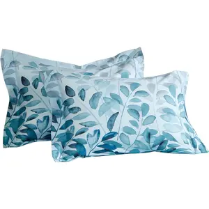 100% Long-Staple Cotton Pillow Shams Gradient Blue Leaf Printed Envelope Pillowcases King Size 20"x36" 2pcs
