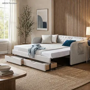 Mid-Century Linen Blend Twin Size Upholstered Daybed - Flat Arms with 1 Pocket, Trundle Bed, 2 Storage Drawers, Expandable Bed, Requires Drill, Indoor Furniture for Bedroom, Living Room (Twin/King Option) Sofa with Chaise Sectional Couch