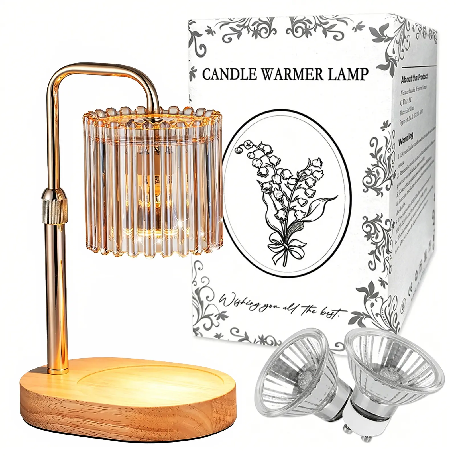 Flameless Candle Warmer Lamp - Safe Home Fragrance Lamp with Vertical Stripes, Gold Shaft, Timer, Height-Adjustable Base for Continuous Scent & Home Decoration