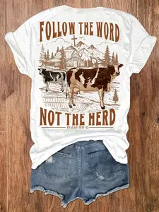 Plus Size, Graphic Cattle Farm Women's T Shirt Slim Fit Casual Graphic for Men Eye Catching Design Featuring Black White and Brown White Cows with Farm Scene and Inspirational Text 'FOL, Festive Holiday Party Outfit for Adults, Seasonal Celebration