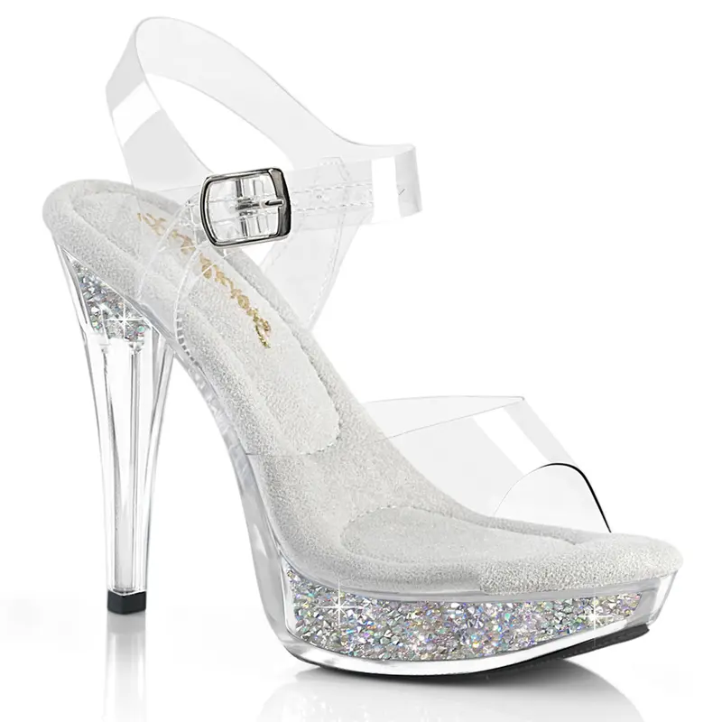 Women's Sparkling Open Toe Platform Stiletto Sandals - 5 in High Heels, 1 in Platform, Clear/Silver AB Rhinestones Buckle Decor, Formal Footwear for Classy Parties