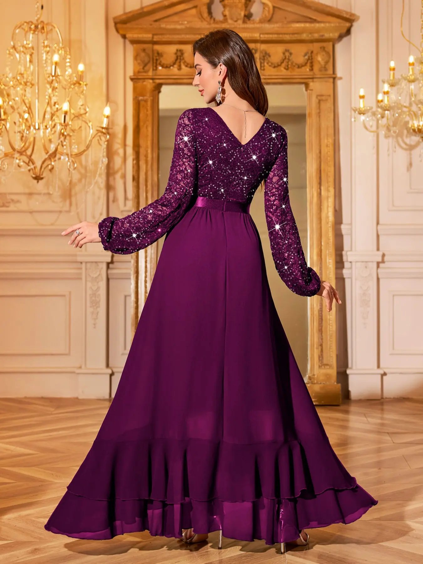 MIUSOL 34017A Sequin Glitter Floral Lace Chiffon V-Neck Long Lantern Sleeve  Ruffle Hem Formal Party
