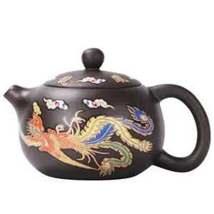 Hand-Made Dragon and Phoenix Color-Changing Purple Clay Teapot, Zisha Kung Fu Tea Set with Insulated Ceramic Kettle, Ideal for Hot Beverages, Christmas Theme, BPA-Free, Non-Slip, Hand Wash Only - Perfect Gift for Tea Lovers Round