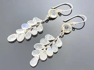 Rainbow Moonstone and Green Amethyst Dangle Earrings · 925 Sterling Silver · Long Cascade Gemstone Jewelry · Gift for Her