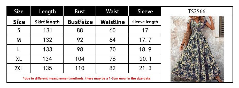 Vintage Printed Dress and V-Neck Short Sleeve Long Dress Women's Boho Print Shirred V Neck Dress