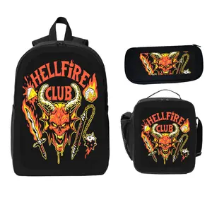 Hellfire Club Demon Skull Backpack Set Black Gothic Style Backpack Lunch Bag Pencil Case Three-Piece School Essentials Package for Students