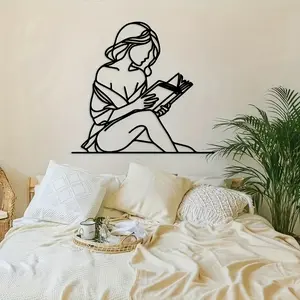Elegant Metal Wall Art Decor, Reading Woman Silhouette Line Drawing, Fashionable Body Art for Living Room Bedroom Home Decoration
