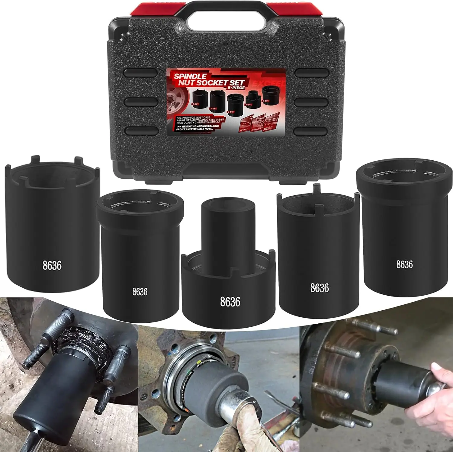 Spindle Nut Socket Tool Kit 5 count Axle Hub Lock Nut Socket Set 1/2 Drive Wheel Drive Spindle Nut Remover Installer for Ford Dana 50/60, Chevy, and , Replace# 648636 Lug Out Spindle Socket Set
