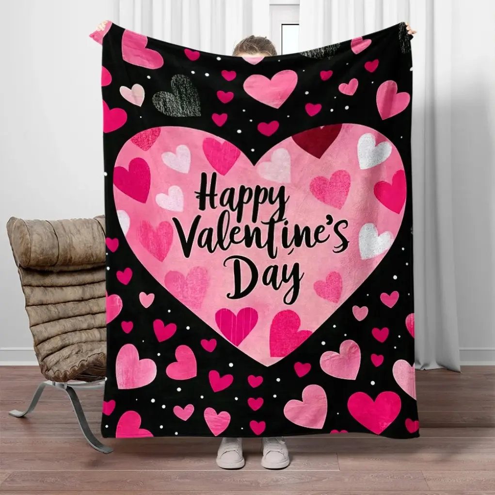Happy Valentine's Day Hearts Black Pink Blanket Soft Flannel Throw Romantic Gift For Lovers Couples Bedroom Decor Cozy  Skin-friendly, soft, lightweight, and breathable.