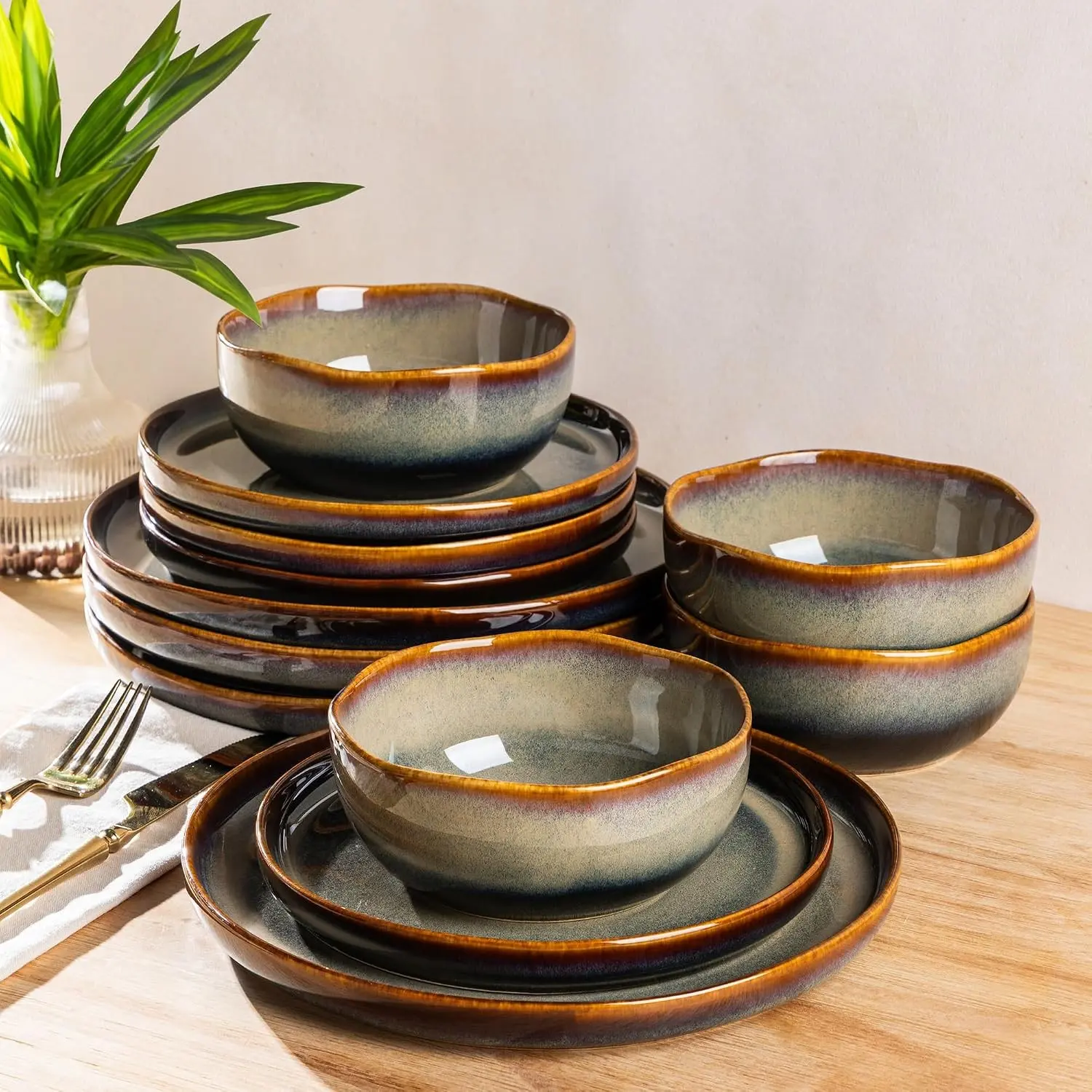 Ceramic Dinnerware Set for 4, 12-Piece Plates and Bowls Set, Handmade Reactive Glaze Dish Set, Scratch Resistant, Oven Microwave Dishwasher Safe, Coffee Bean