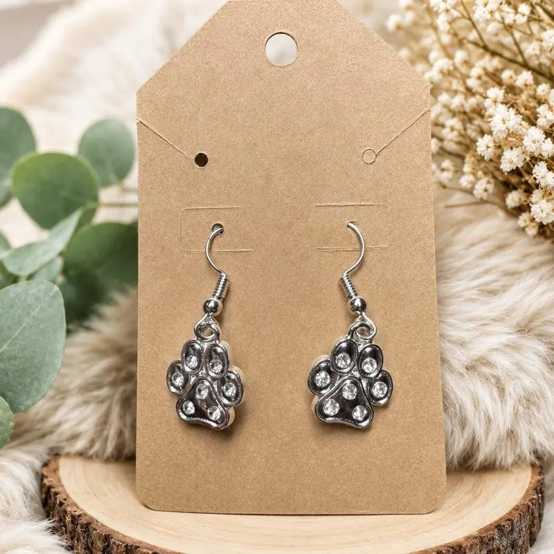 Silver Rhinestone Paw Print Earrings - Dog Lover Pet Memorial Gift for Puppy Moms