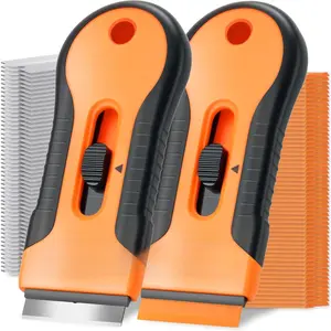 Razor Blade Scraper Tool, 2 Pack Razor Scraper Set with Extra 80Pcs Razor Blades -30Pcs Metal and 50Pcs Plastic Blades, Cleaning Scraper Tool, Cooktop, Paint, Glass Scraper