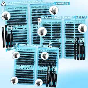 ADORANCE Lash Extension Kit 408/359/472 Pcs Cluster Eyelash Extensions Kit with Lash Bond and Seal, Tweezers Included, DIY Individual Lashes for Natural Volume Wispy Salon-Style Eyelash Extensions at Home