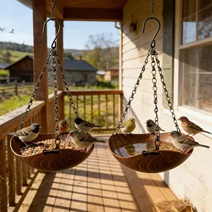 2 Pack Wood Grain Hanging Bird Feeders, Retro Design, Thickened Iron Chains, S-Shaped Hooks, Indoor & Outdoor Use, Easy to Hang