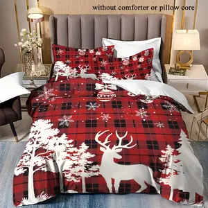 Festive Christmas Decorative Bedding Set: 2/3 piece duvet cover and pillowcase set, coreless, cartoon elk and fir trees, red and black plaid, snowflakes and Christmas balls, perfect for bedrooms and guest rooms