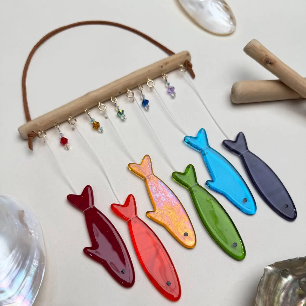 Stained Glass Sardine Wind Chime Coastal Sun Catcher, Handmade Glass Hanging Art, Rainbow