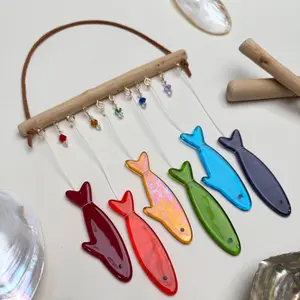 Stained Glass Sardine Wind Chime Coastal Sun Catcher, Handmade Glass Hanging Art, Rainbow