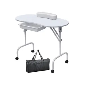 37-inch Nail Desk, Portable Nail Table & Foldable Nail Tech Desk Workstation with Large Drawer, Client Wrist Pad, Controllable Wheels & Carrying Case for Spa & Beauty Salon, White (1 Count)