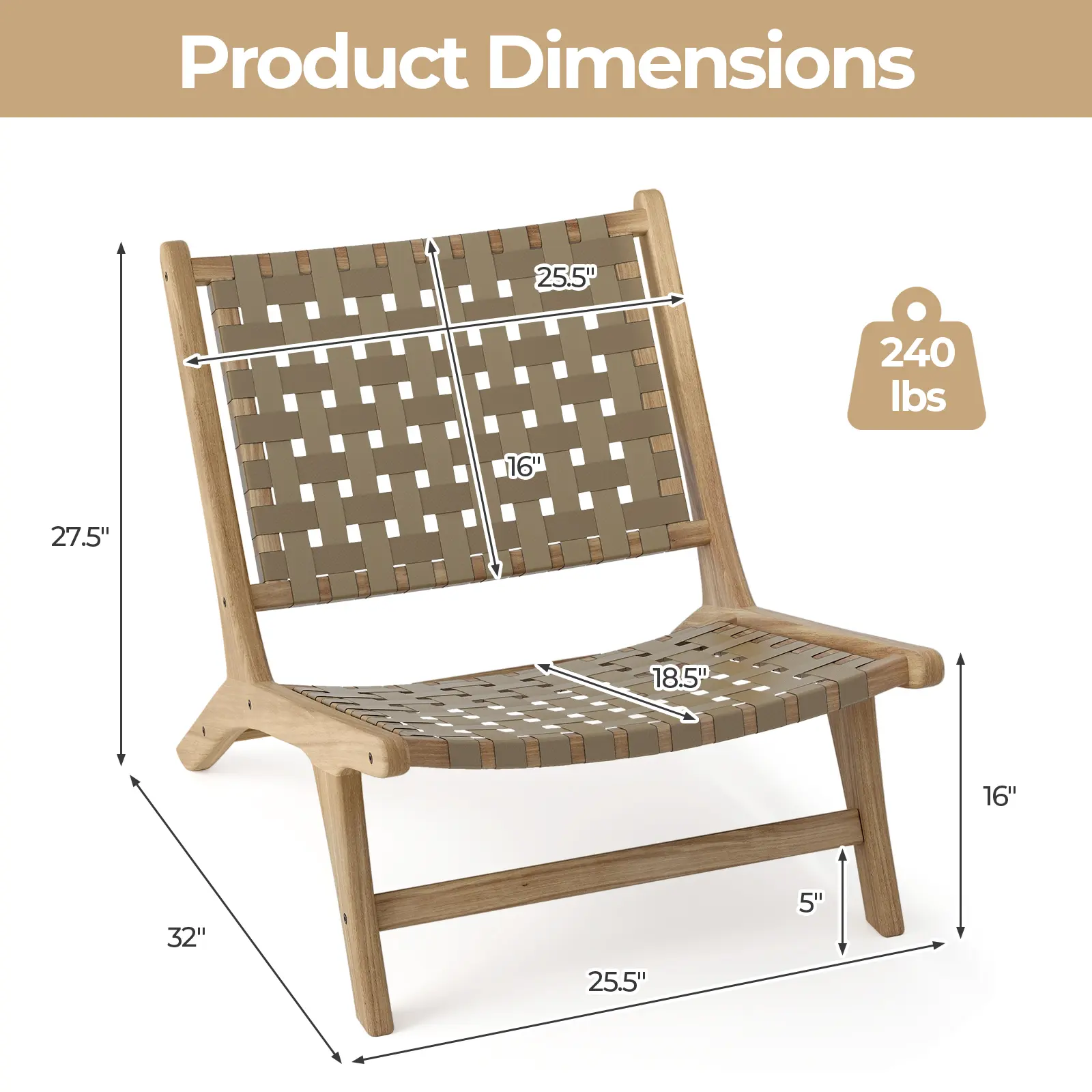 COSTWAY - Modern Armless Teak Wood Lounge Chair with Nylon Woven Backrest and Seat-Brown
