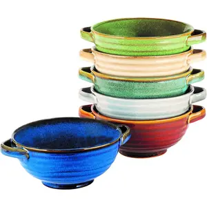 Stoneware Soup Crocks with Handles, Set of 6 – 20oz Colorful Reactive Glaze for, Stew, Pasta & Casseroles –, Oven & Dishwasher Safe Dinnerware