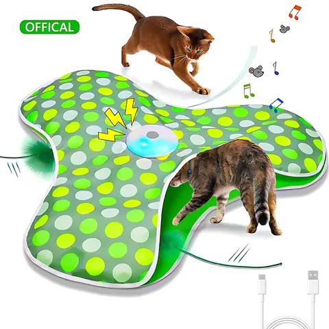 TxfnY Interactive Rechargeable Automatic Cat Toy - Camouflage, Motion Sensor Hide-and-Seek Plush Feather Wand, Mouse Squeaks, Durable Safe Universal Design, 5x5x3in Indoor Exercise Kicker for Kitty, Long-Lasting Playtime