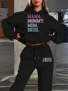 Women's Winter Casual Hoodie Set, Mama Mommy Mom Bruh Print Sweatshirt & Sweats Pants, Fitted Long Regular Fit, Fall & Winter Fashion