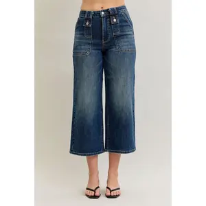 Judy Blue High Waist Utility & Patch Pocket Crop Wide Leg Denim Jeans 881007