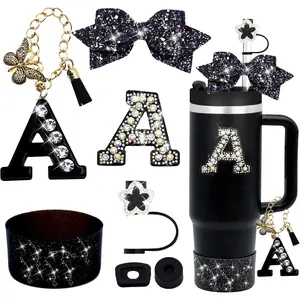 7PCS Black Stanley Cup Accessories Set For Stanley Cup 30oz 40oz,Including diamond Straw Topper,Letter Charm,Bling Bow,Initials Sticker,Spill Proof Stopper,Silicone Boot(Black A)