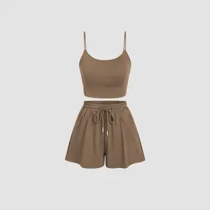 Cider [7 colors, size 0-26] U-neckline Crop Cami Top & Drawstring Wide Leg Shorts Set