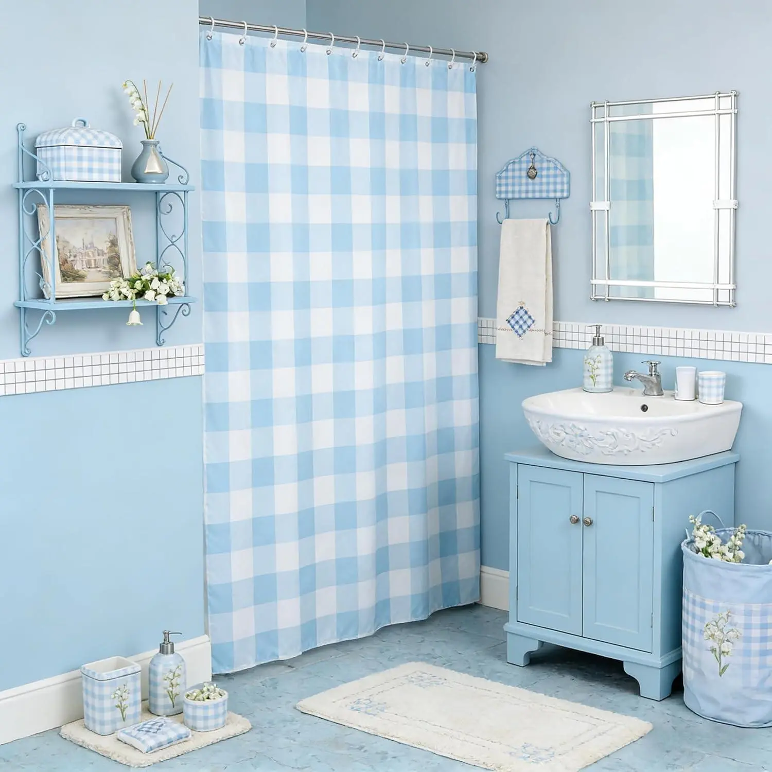 Gingham Print Shower Curtain,Light Blue White Checkered Bath Curtain,Modern Vintage Style Grid Plaid Waterproof Fabric Accessories with 12 Hooks