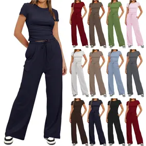 women's 2 piece sets ，Comfort Casual Short Sleeve Crop Top & High Waist Flared Leg Pants With Belt Soft Elastic Womenswear Bell Bottoms Black 2 piece sets women loungesetwomen