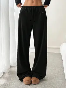 【Plus Size】 Solid Drawstring Waist Wide Leg Trousers, Casual Lounge Pants for Daily Wear, Women's Bottoms for Spring & Fall