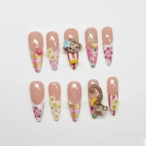 3D Monkey Press On Nails: Tropical Floral Long Almond Nails
