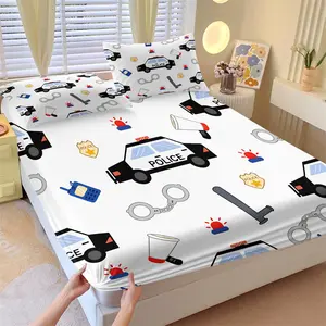Cartoon Police Theme Fitted Sheet Set and 2 Coreless Pillowcases, Cartoon Police Car, Handcuffs, Walkie-Talkie, Police Lights, Soft Anti-Slip Wrinkle-Resistant, Cute & Bright Kids Bedroom Decor, Gift Choice