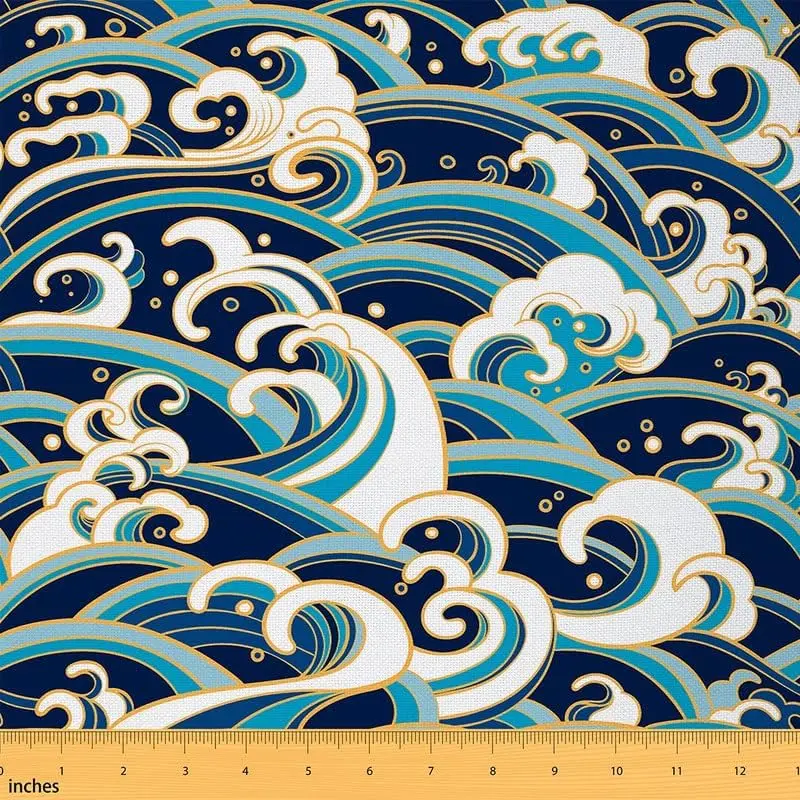 Ocean Wave Fabric by The Yard,Japanese Hokusai Waves Upholstery Fabric,Traditional Oriental Style Nautical Marine Sea Print Waterproof Fabric, Textile, Japanese Style