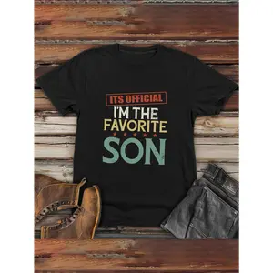 Men's Oversized Comfy Short Sleeve Basic Print T-Shirt - "It's Official I'm the Favorite Son" Graphic, Soft Stretchy Fabric, Bold Red & White Lettering, Relaxed Fit, Birthday & Father's Day Gift, All-Season Casual Crewneck Menswear