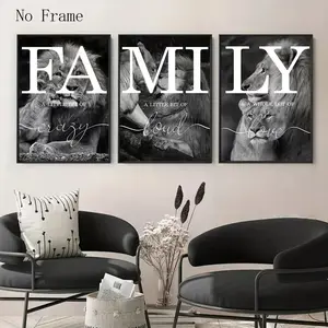 3pcs Black and White Lion Family Quotes Canvas Hanging Paintings Animal Lion Themed Art Frameless Murals Living Rooms Bedrooms Home Decor Painting Cores