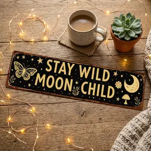 Vintage Metal Tin Sign, Stay Wild Moon Child Celestial Sign, Retro Boho Witchy Wall Art Decor for Bedroom Meditation Room Garden Living Room, Aesthetic Gypsy Gift Present 16x4 Inch