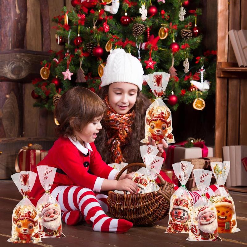 120 Pcs Christmas Cellophane Bags Xmas Candy Bags Clear OPP Material with 150 Twist Ties for Party Supplies 27 x 12.5 cm Festive Design