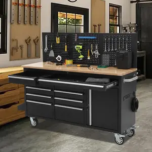 Garvee 61-Inch Rolling Tool Chest, 10-Drawer Garage Workbench with Power Strip & Solid Wood Top, Heavy Duty Mobile Tool Cabinet, 1675 LBS Capacity Storage Workstation