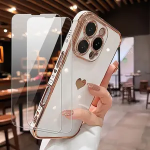 3 PCS [1 Phone Case with 2X Clear Screen Protectors] Luxury Plating Soft TPU Protective Case for iPhone 17 16e 16 15 14 13 12 11 Pro Max E Cute Love Cover Accessories Casing Shockproof Phone Cover Protection