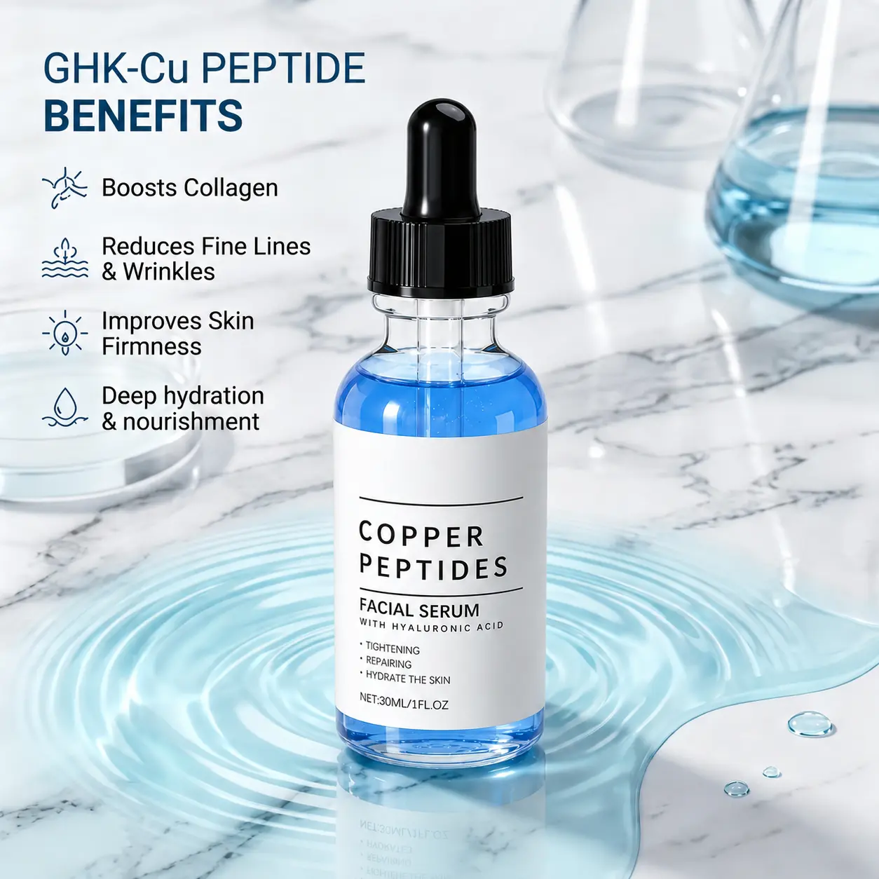 GHK-Cu Copper Peptide Facial Serum - 30 ml Anti-Aging Leave-On Moisturizer, Lightweight Fast-Absorbent Hyaluronic Acid Formula for Hydration & Skin Repair (Skincare Serums & Essences)