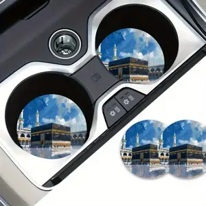 2pcs Mecca Kaaba Car Cup Holder Coasters - Heavy-Duty 5mm Thick Non-Slip Surface Protectors, Islamic Religious Decor with Kaaba Design - for Muslim Drivers, Auto Interior Decoration, Hajj & Umrah Gifts - Compatible with Most Vehicles, Vehicle Decoration,