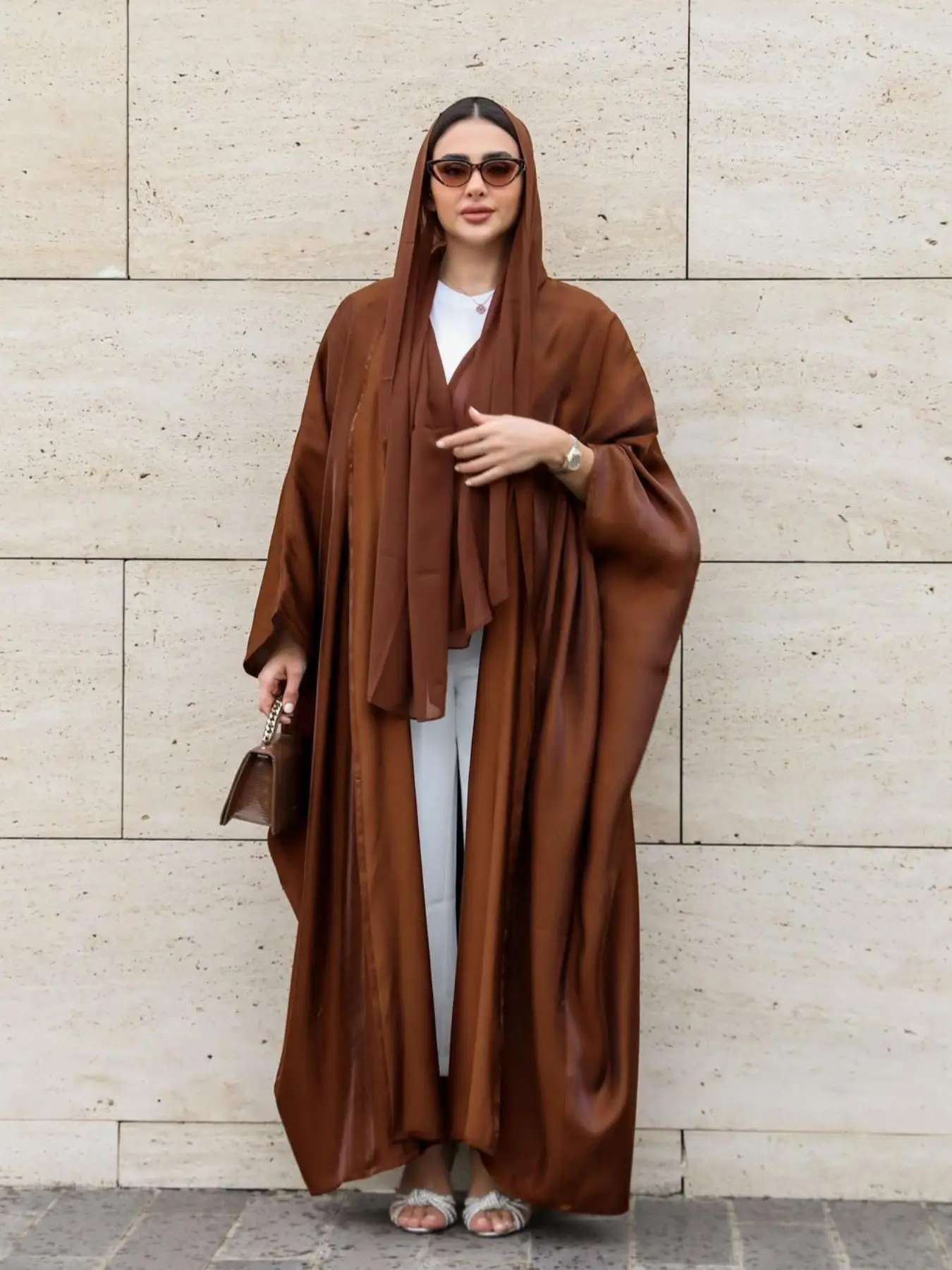 Women's Solid Batwing Sleeve Abaya with Hijab, Pakistani Outfits, Modest Casual Open Front Arabic Clothing for Daily Wear, Spring & Fall Islamic Cloth