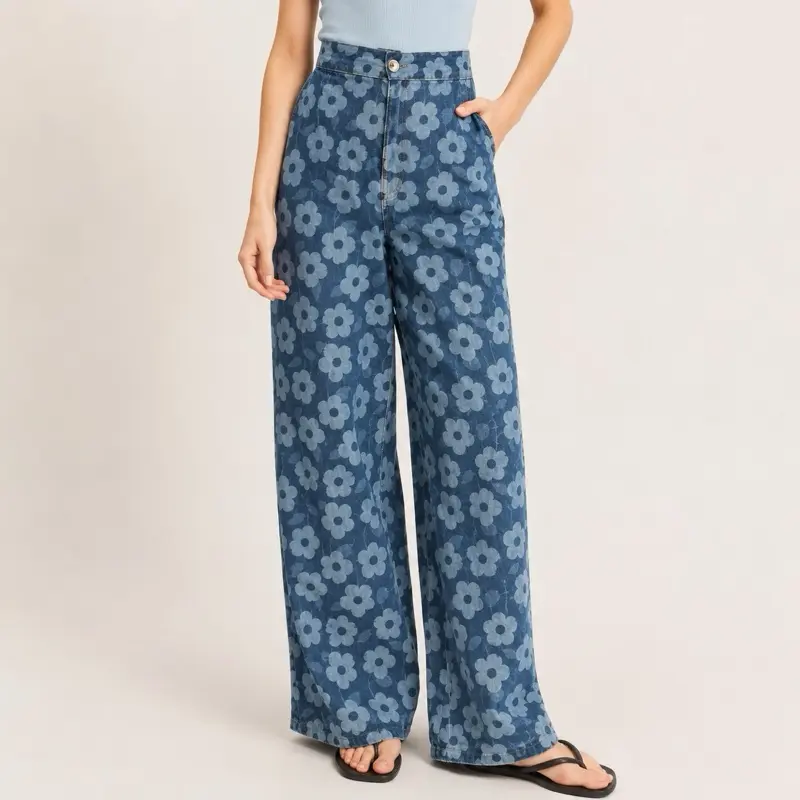 Women's Floral Print Jeans, High-Waisted, wide leg, Denim Pants for Casual Wear