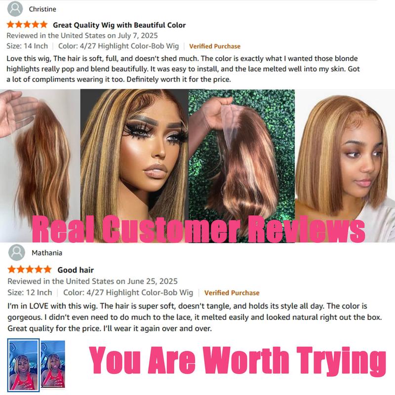 Ombre  Bob Wig Human Hair Highlight P4/27 13x4 HD Lace Frontal Straight Lace Front Bob Wigs for Black Women Human Hair Pre Plucked Pre Plucked with Baby Hair 180% Density Honey Blonde Wig Soft Bouncy No Smell Can Be Dyed Curled Restyled